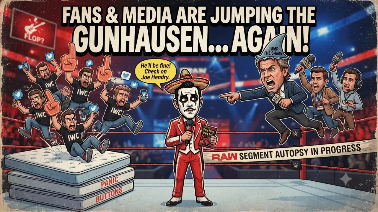 A satirical wrestling graphic titled 'FANS & MEDIA ARE JUMPING THE GUNHAUSEN... AGAIN!'