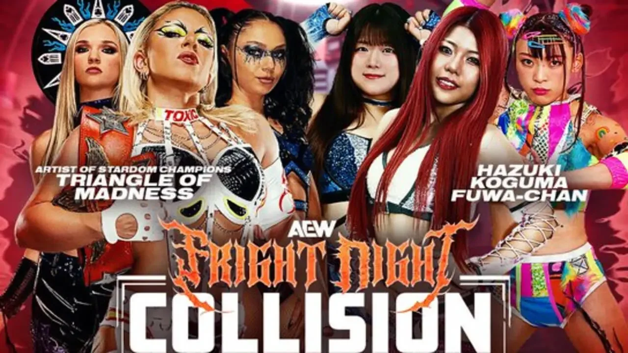 AEW Fright Night Collision graphic featuring Triangle of Madness vs Hazuki Koguma and Fuwa-chan.