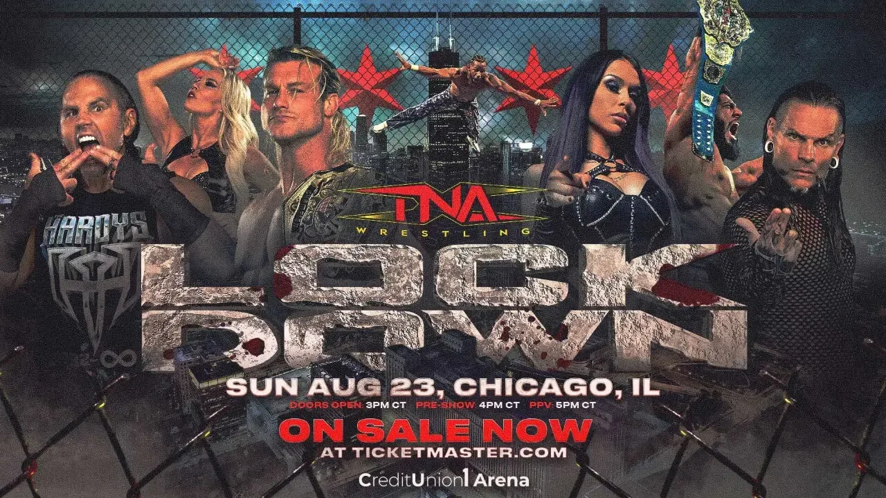 Promotional poster for TNA Lockdown 2026 featuring the event logo, Chicago city skyline background.
