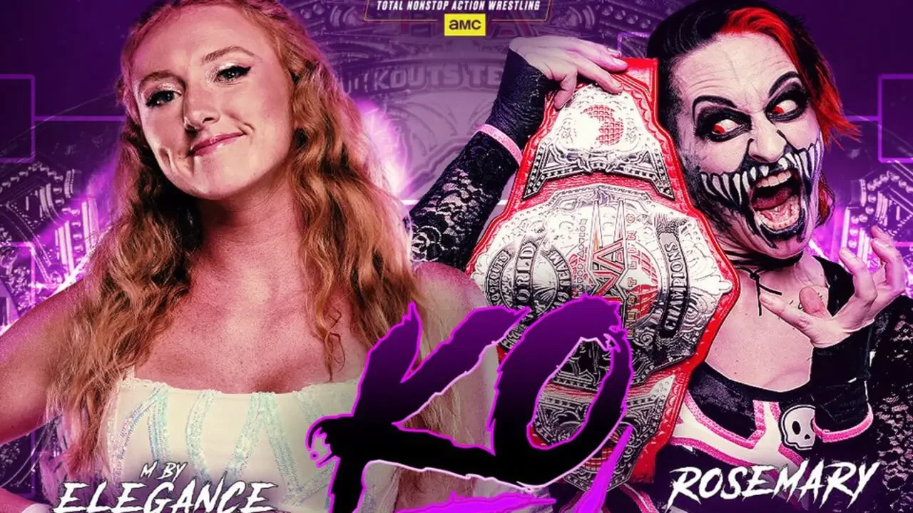 TNA Knockouts Television Title tournament graphic for a first-round match featuring M By Elegance vs. Rosemary. Rosemary holds up the TNA Knockouts World Tag Team Championship belt.