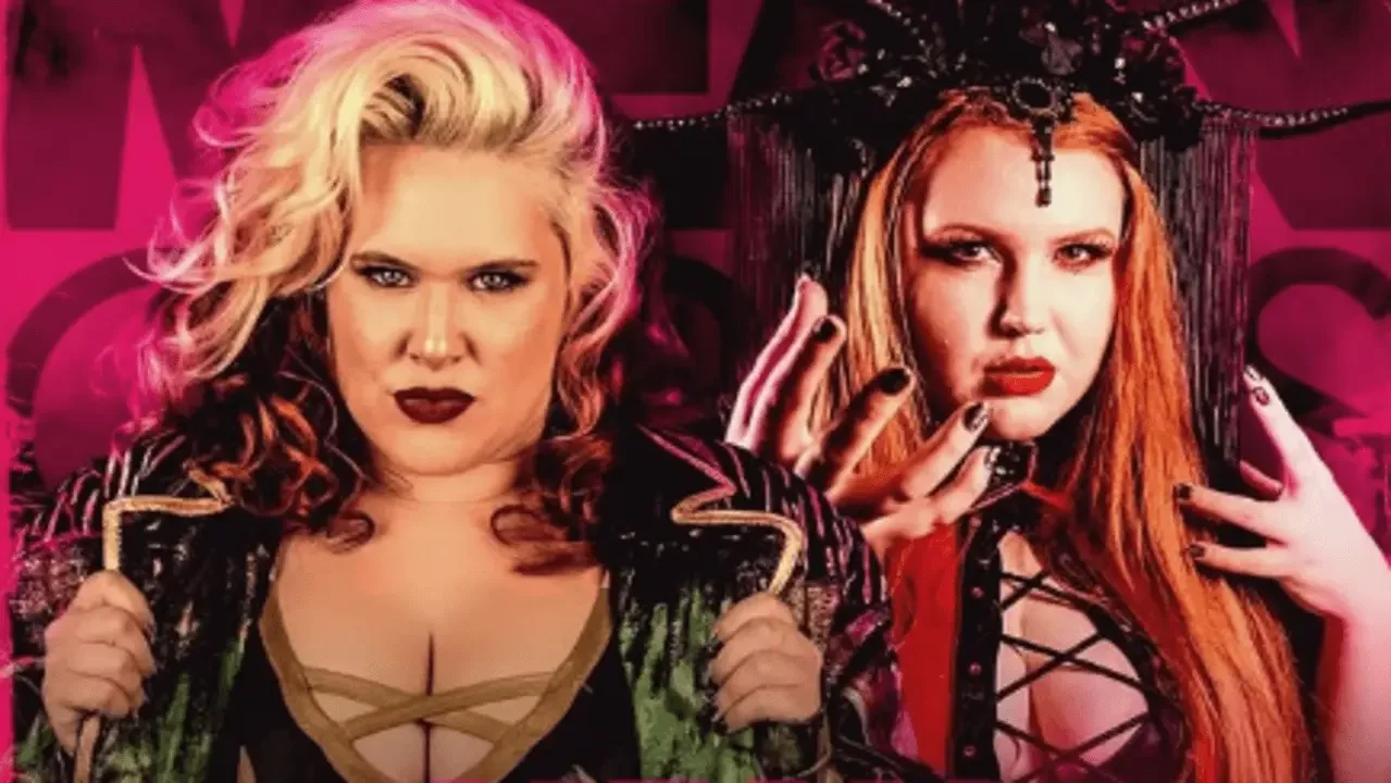 Pro-Wrestling: EVE 154: Mean Grrrls 2026 event graphic featuring wrestlers with a vibrant pink and dark aesthetic.