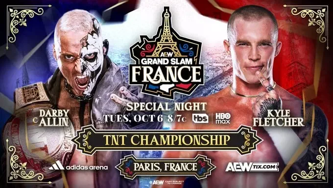 AEW Grand Slam: France promotional graphic featuring TNT Champion Darby Allin and Kyle Fletcher ahead of their championship match at the Adidas Arena in Paris.