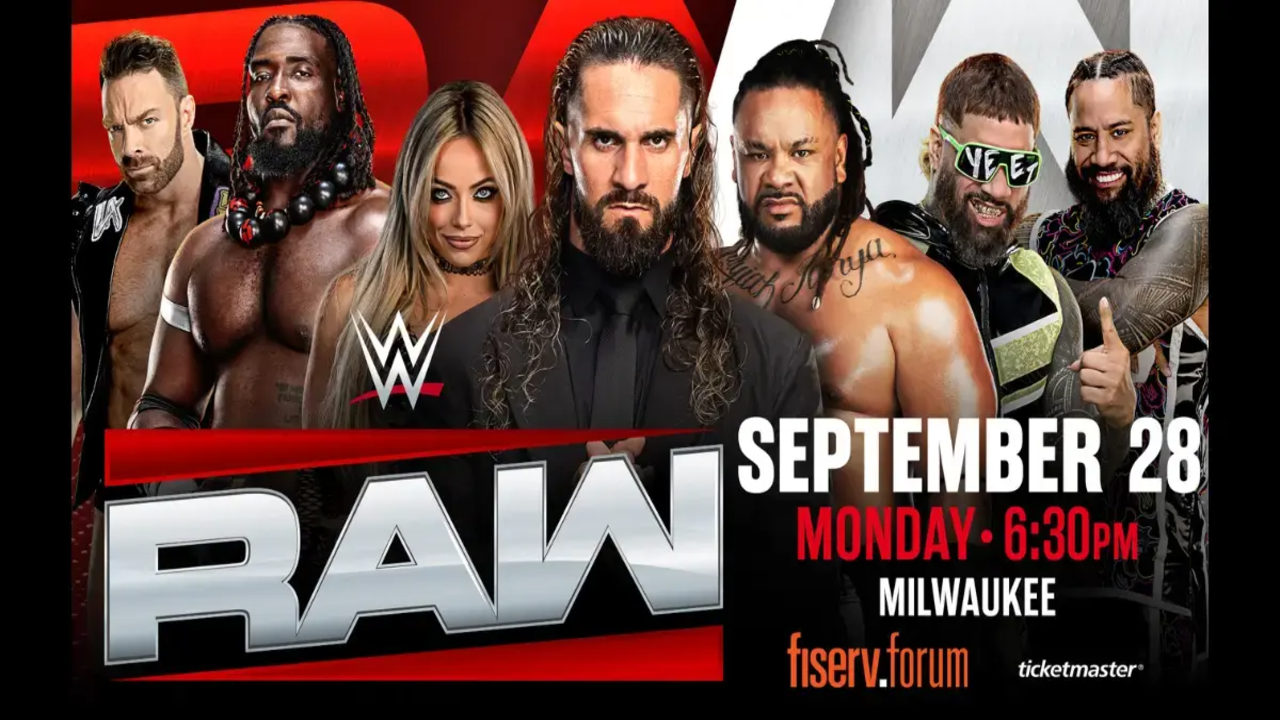 WWE Monday Night Raw promotional graphic for September 28, 2026, at the Fiserv Forum in Milwaukee featuring Seth Rollins, Liv Morgan, and other top WWE Superstars.