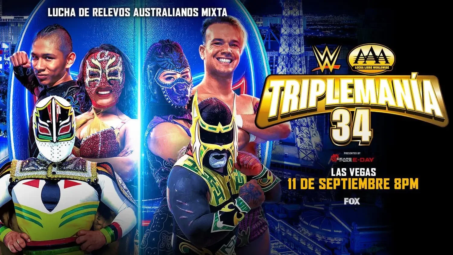 Promotional graphic for Triplemanía 34 in Las Vegas on September 11 at 8 PM, featuring the WWE and AAA logos, a "Lucha de Relevos Australianos Mixta" banner at the top, and six professional wrestlers posing, including masked and unmasked talent.