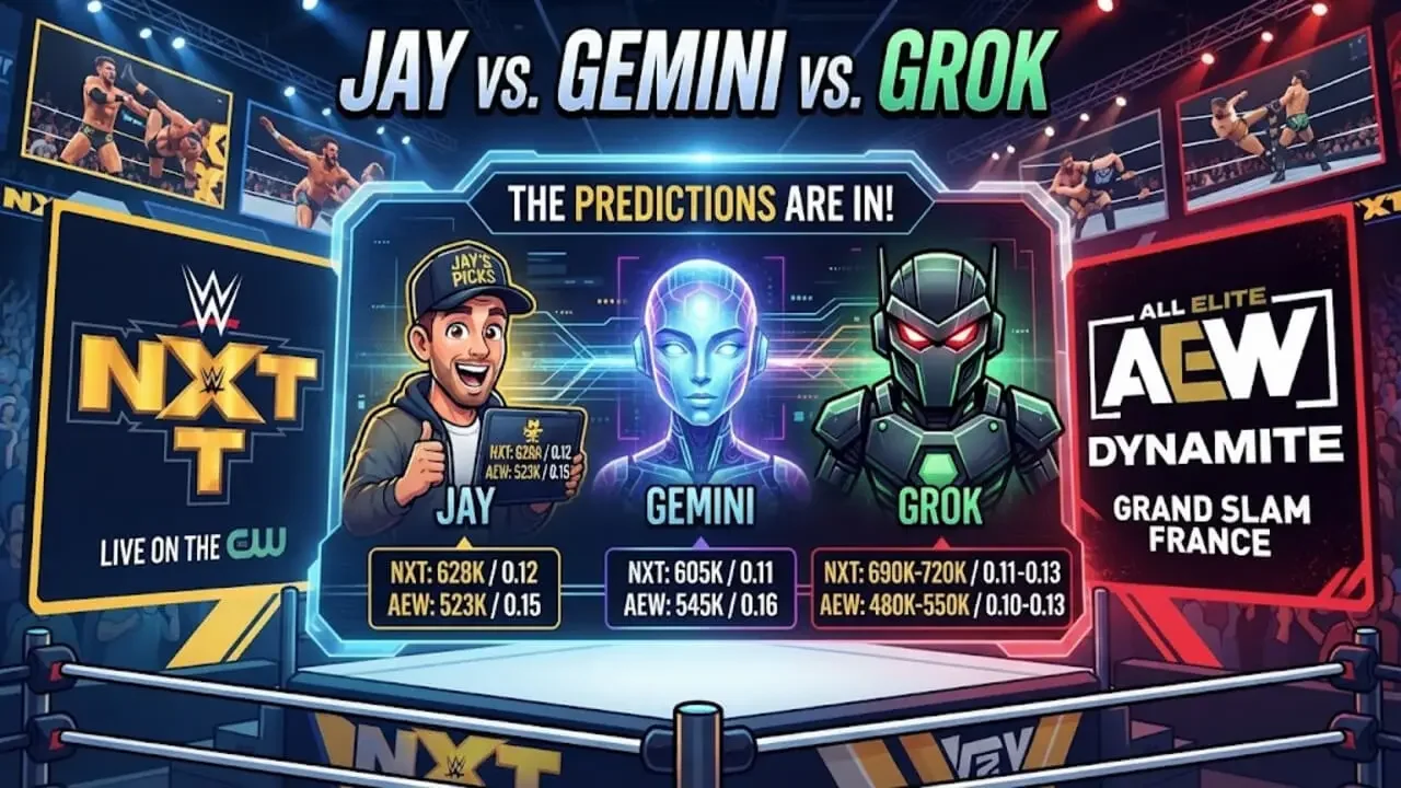 Graphic for WrestleVoice showing Jay vs Gemini vs Grok ratings predictions, featuring NXT on the left and AEW Grand Slam France on the right with side-by-side comparison boxes for each predictor.