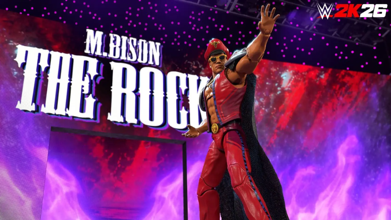 A video game screenshot from WWE 2K26 featuring an action-figure version of The Rock wearing an M. Bison-inspired outfit.