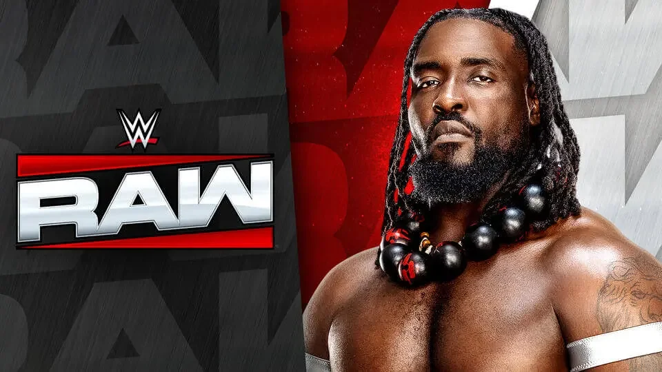 WWE Raw promotional graphic featuring Oba Femi against a dark background with the classic Raw logo on the left.