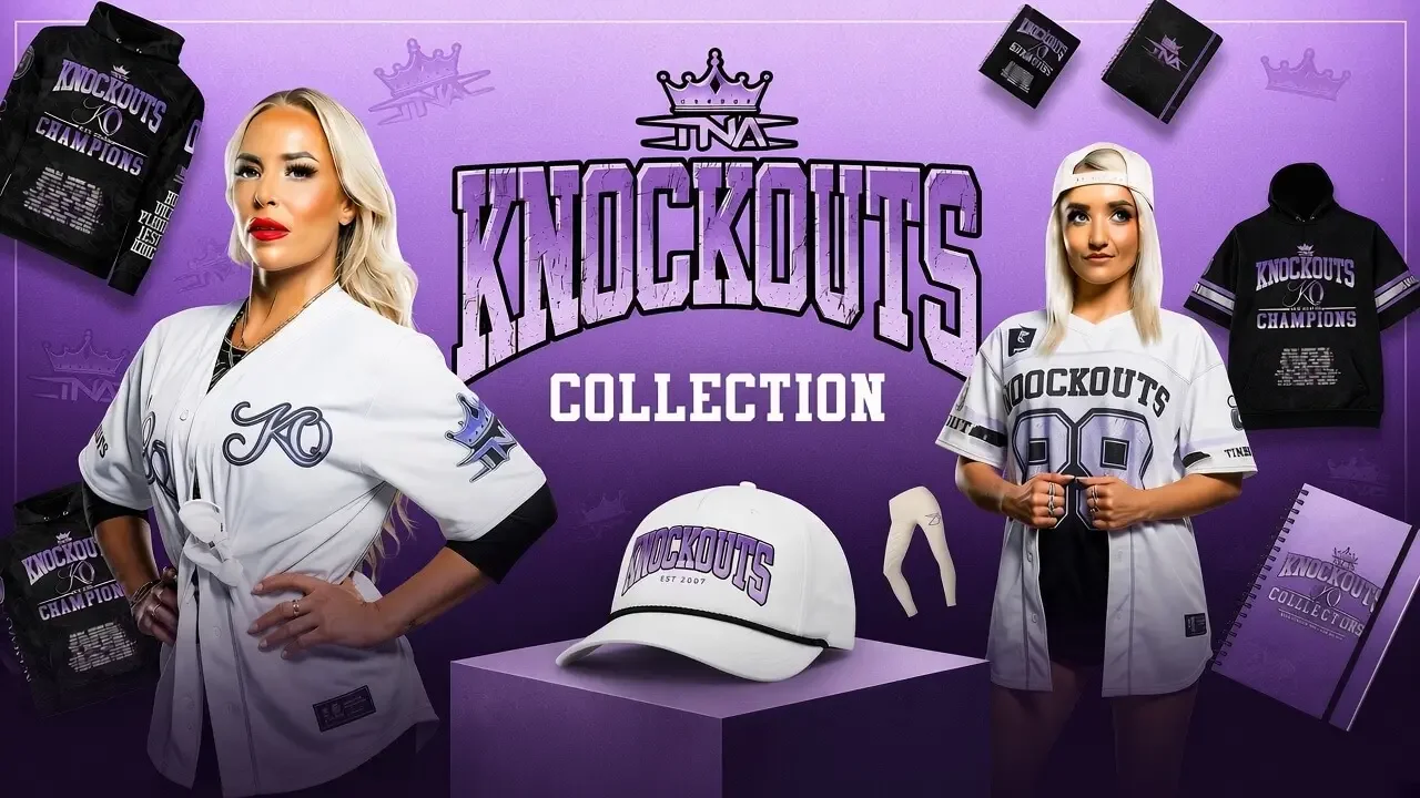 TNA Knockouts Collection promotional banner featuring two female wrestlers modeling white baseball-style jerseys against a purple gradient background.
