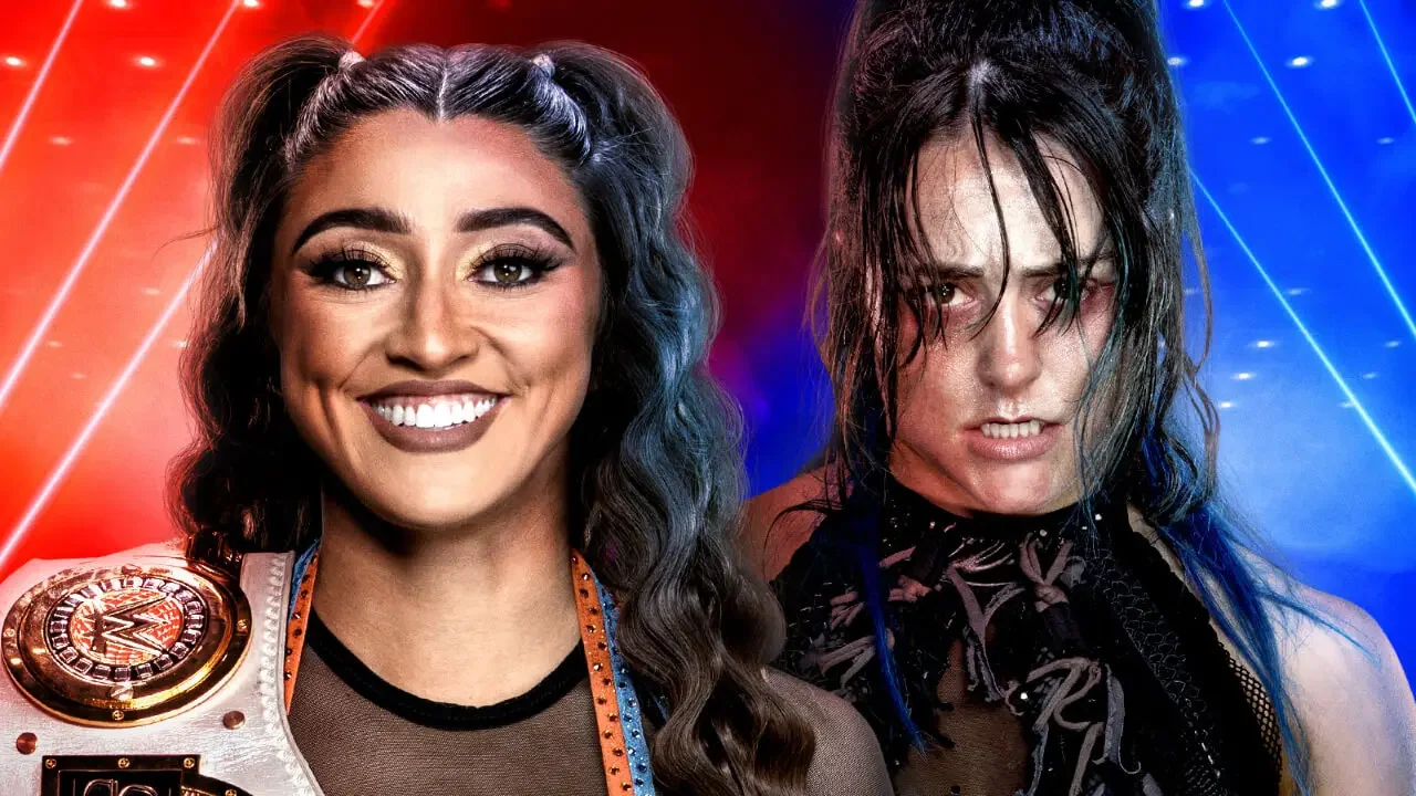 Promotional graphic for WWE featuring a split-screen layout with Giulia smiling on the left against a red backdrop while wearing a championship title, and Lyra Valkyria looking intense with dark makeup.