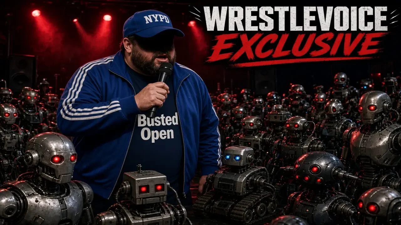Bully Ray stands center stage under red spotlights, face completely hidden by lowered sunglasses and deep shadow, wearing a blue NYPD baseball cap, blue track jacket with white stripes, and a navy “Busted Open” t-shirt.