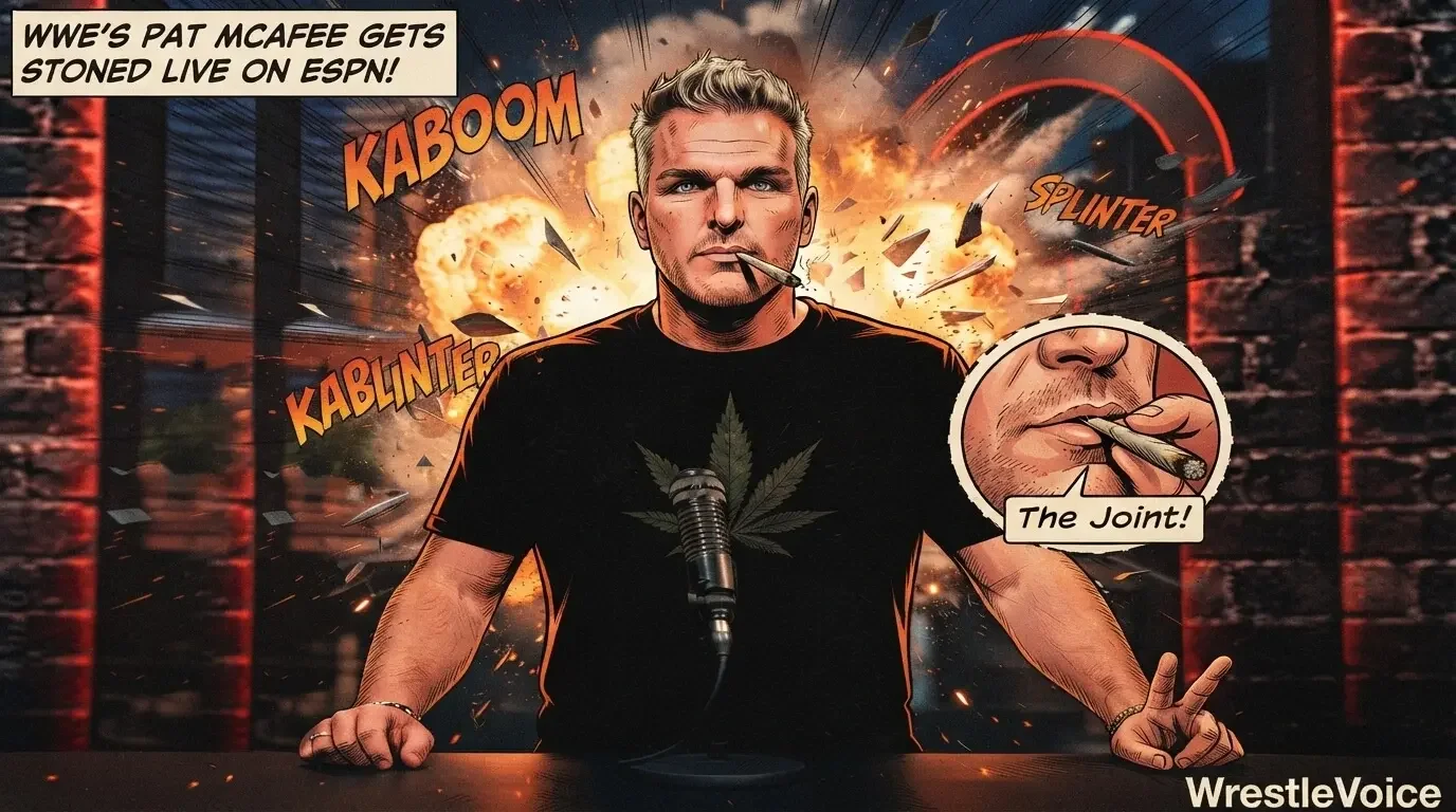 A comic-book style illustration of sports personality Pat McAfee standing at a microphone desk. He is wearing a black t-shirt with a cannabis leaf logo and has a joint in his mouth.