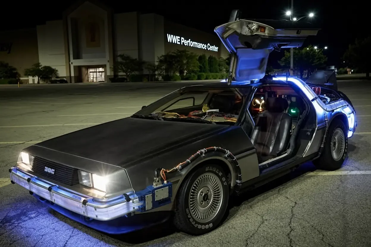 A silver DeLorean DMC-12 time machine with its gull-wing doors open and blue neon underglow and lights illuminated, parked at night in an empty parking lot in front of a building with a sign that reads “WWE Performance Center.”