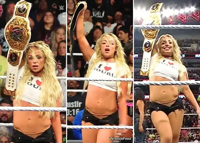 WWE Superstar Liv Morgan in the ring, moments before a wardrobe malfunction occurred with her shorts.