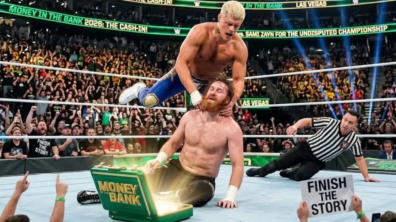 Cody Rhodes cashes in on Sami Zayn to win the WWE Undisputed title graphic