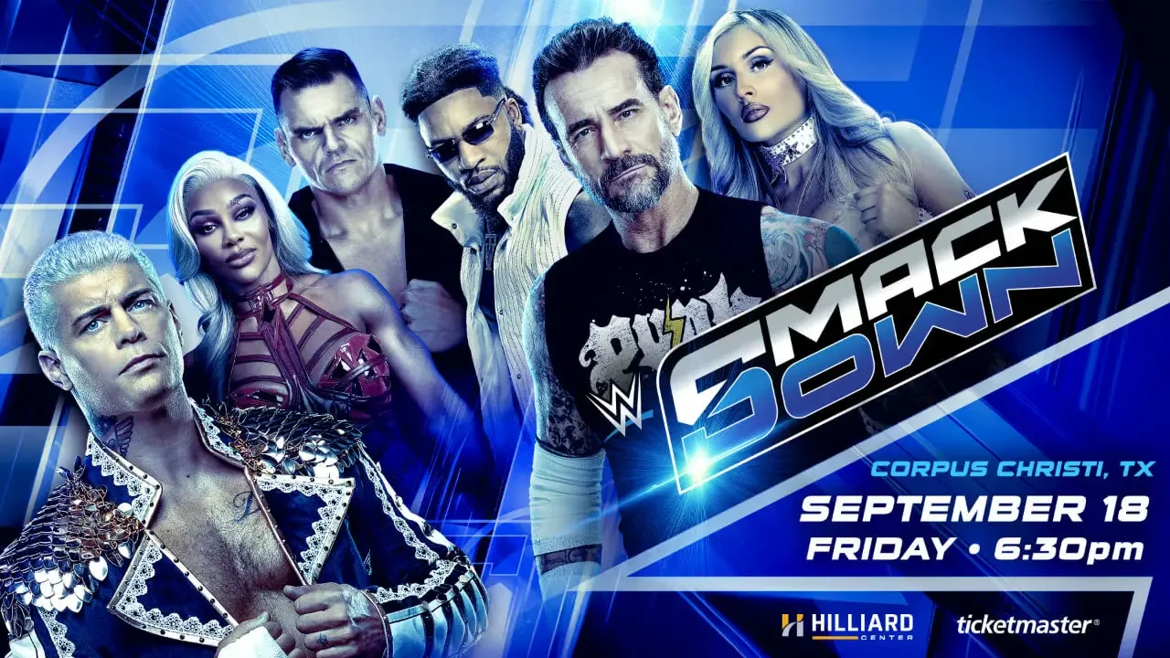 WWE Friday Night SmackDown promotional graphic featuring talent scheduled for the September 18 show in Corpus Christi, Texas, including Cody Rhodes, Jade Cargill, Gunther, Trick Williams, CM Punk, and Tiffany Stratton.