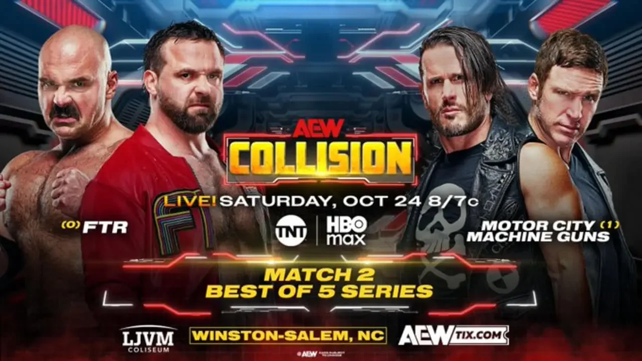 Official AEW Collision promotional graphic featuring FTR (Dax Harwood and Cash Wheeler) vs. Motor City Machine Guns (Alex Shelley and Chris Sabin) in Match 2 of their Best of 5 Series, live on Saturday, October 24, 2026.