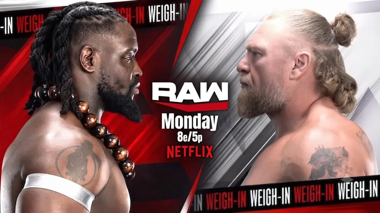 Promotional graphic for Monday Night Raw featuring a face-to-face weigh-in between Oba Femi, wearing beaded necklaces and an arm band, and Brock Lesnar