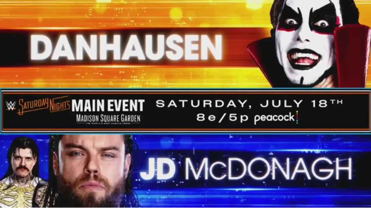 Match graphic for Danhausen vs. JD McDonagh at WWE's Sunday Night's Main Event special in Madison Square Garden.
