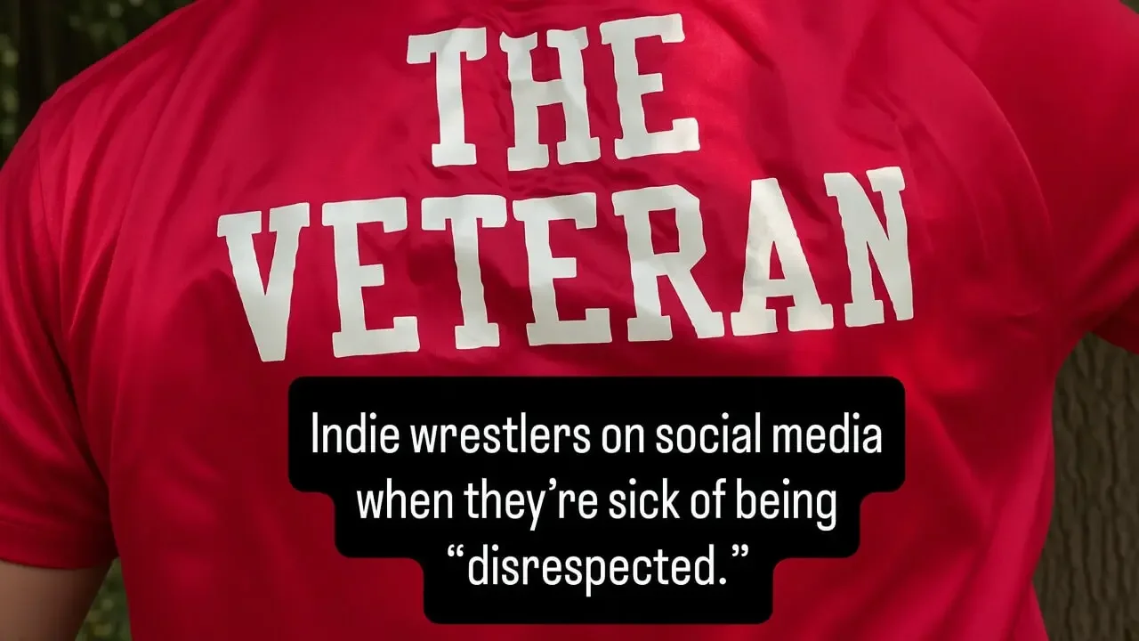 Jack Vaughn wearing a red jacket with "THE VETERAN" on the back and text reading "Indie wrestlers on social media when they're sick of being 'disrespected.'"