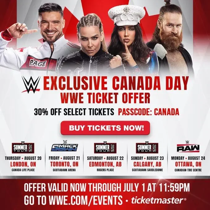 WWE Exclusive Canada Day ticket offer promotional graphic featuring Ethan Page, Natalya, Chelsea Green, and Sami Zayn against a red and white Canadian flag background.