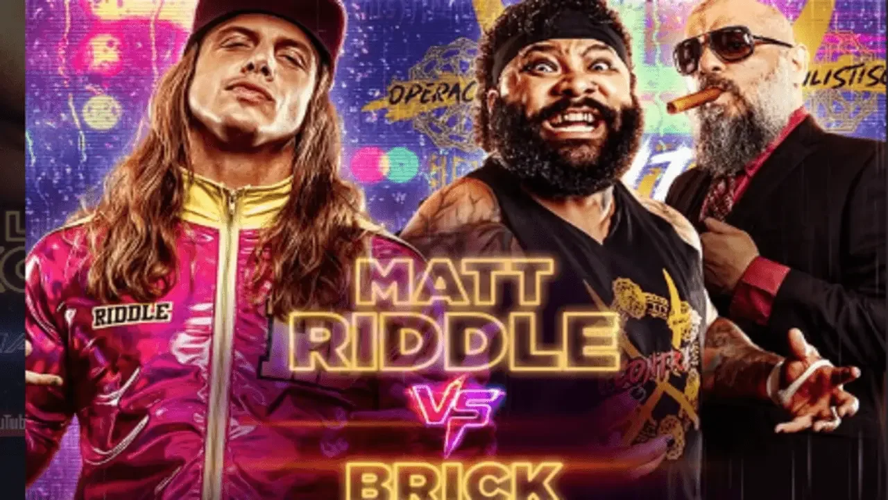 Matt Riddle in a pink and yellow jacket facing off against Brick Savage, accompanied by Josef Samael, for an MLW match graphic.