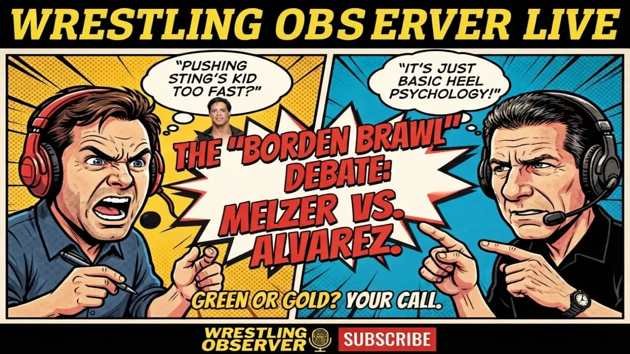 A dynamic split-screen professional wrestling graphic titled "WRESTLING OBSERVER LIVE" in yellow text against a black background. The left side features a cartoon caricature of Bryan Alvarez, yelling with a pen and red headset.