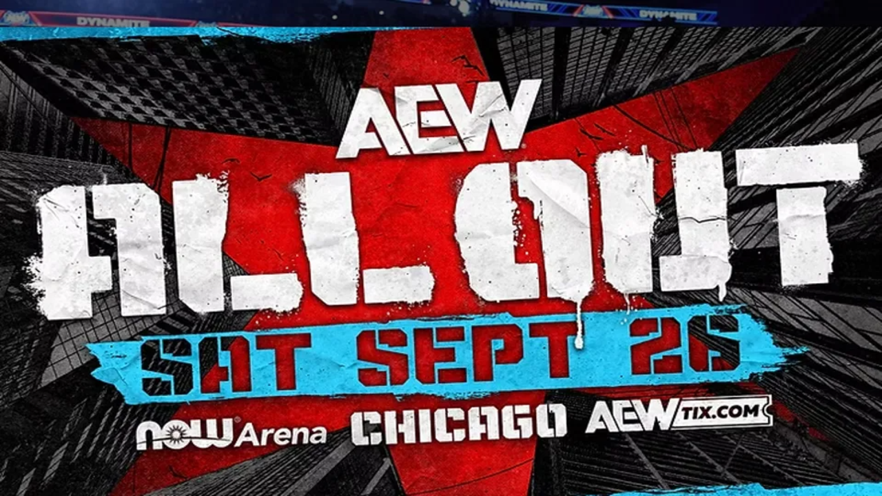 Promotional graphic for AEW All Out on Saturday, September 26 at the NOW Arena in Chicago, featuring the event logo over a red star and city background.
