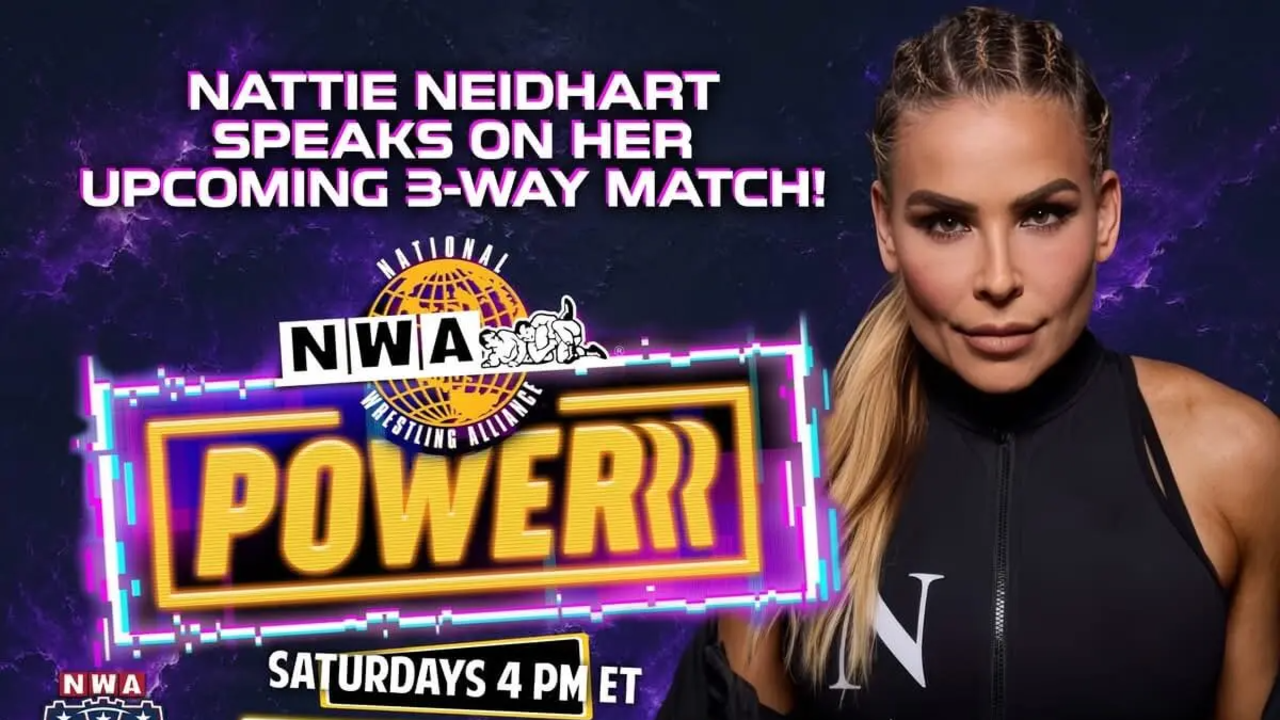 NWA Powerrr graphic featuring Nattie Neidhart announcing that she will speak on her upcoming 3-way match.