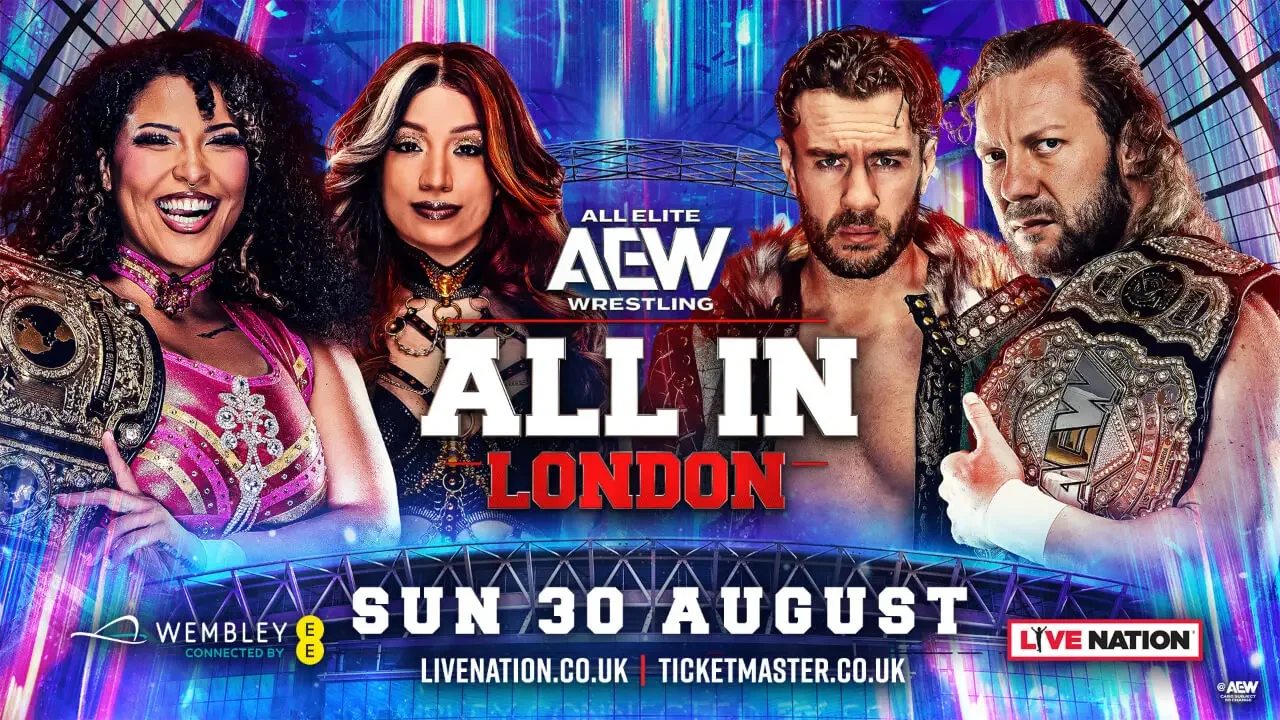 A promotional graphic for the professional wrestling event "AEW All In London" at Wembley Stadium