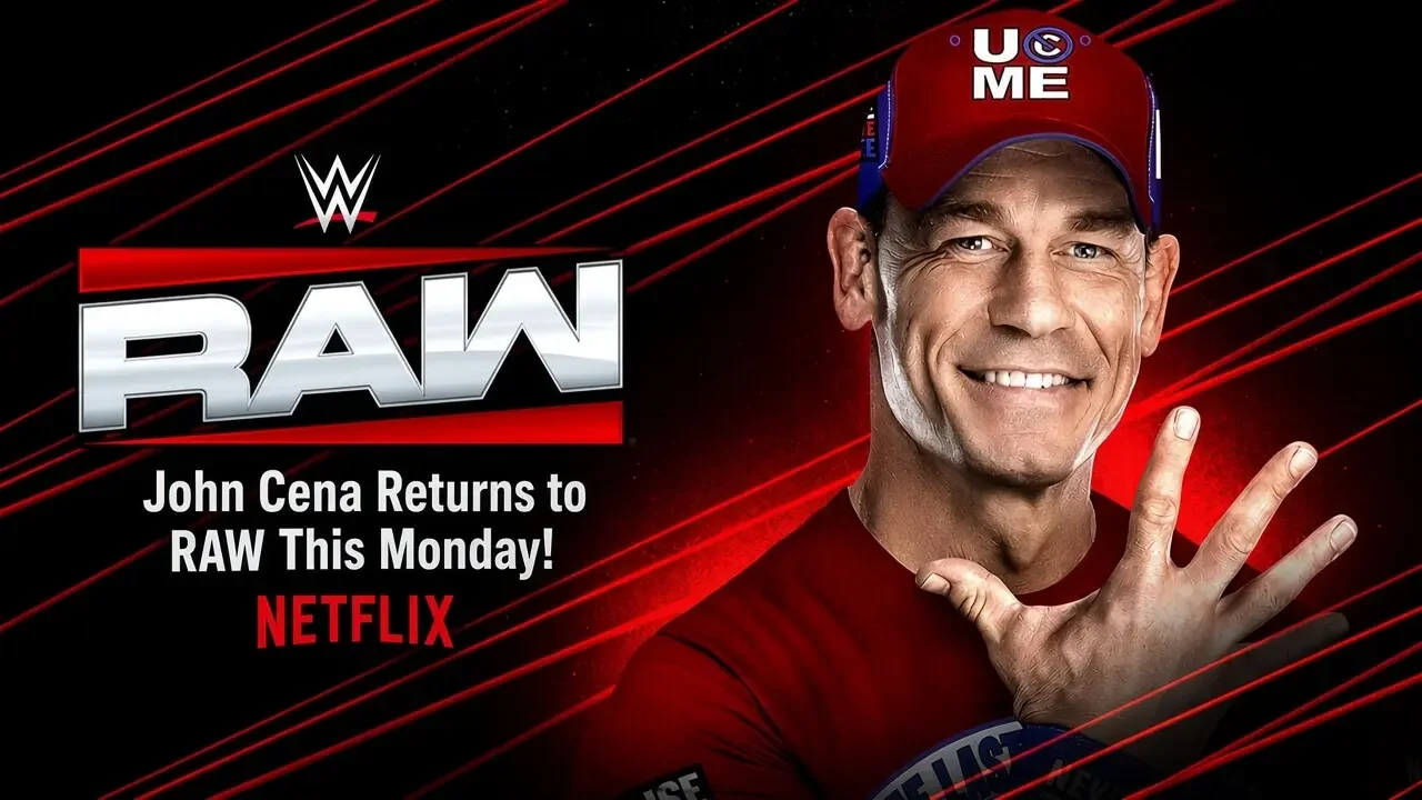 John Cena smiling and holding up three fingers while wearing a red "U Me" baseball cap and red shirt, next to the WWE RAW logo.