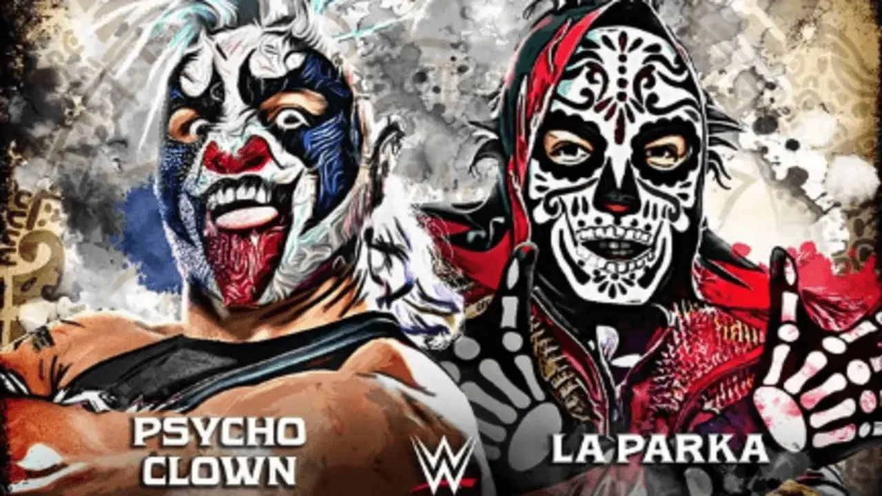 Stylized promotional graphic featuring Psycho Clown on the left and La Parka on the right against an abstract, weathered background, with their names and a WWE logo displayed along the bottom.