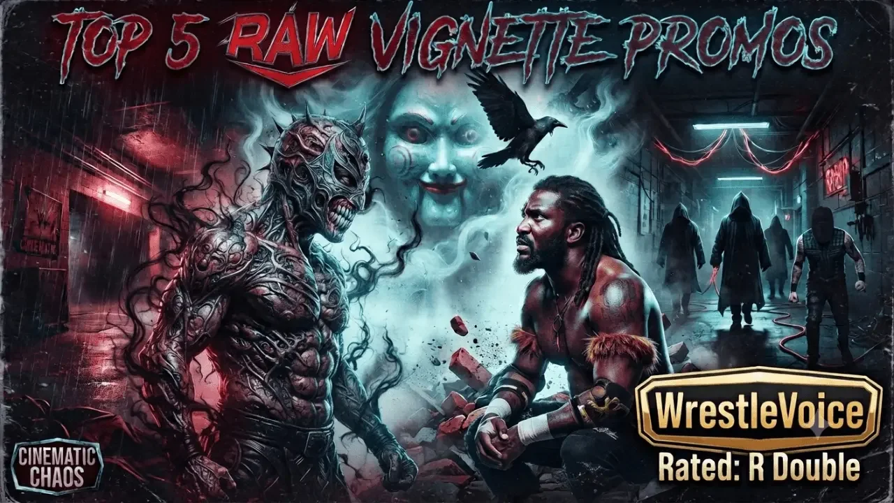 A cinematic wrestling promotional graphic titled 'TOP 5 RAW VIGNETTE PROMOS' in jagged red and blue text across the top.