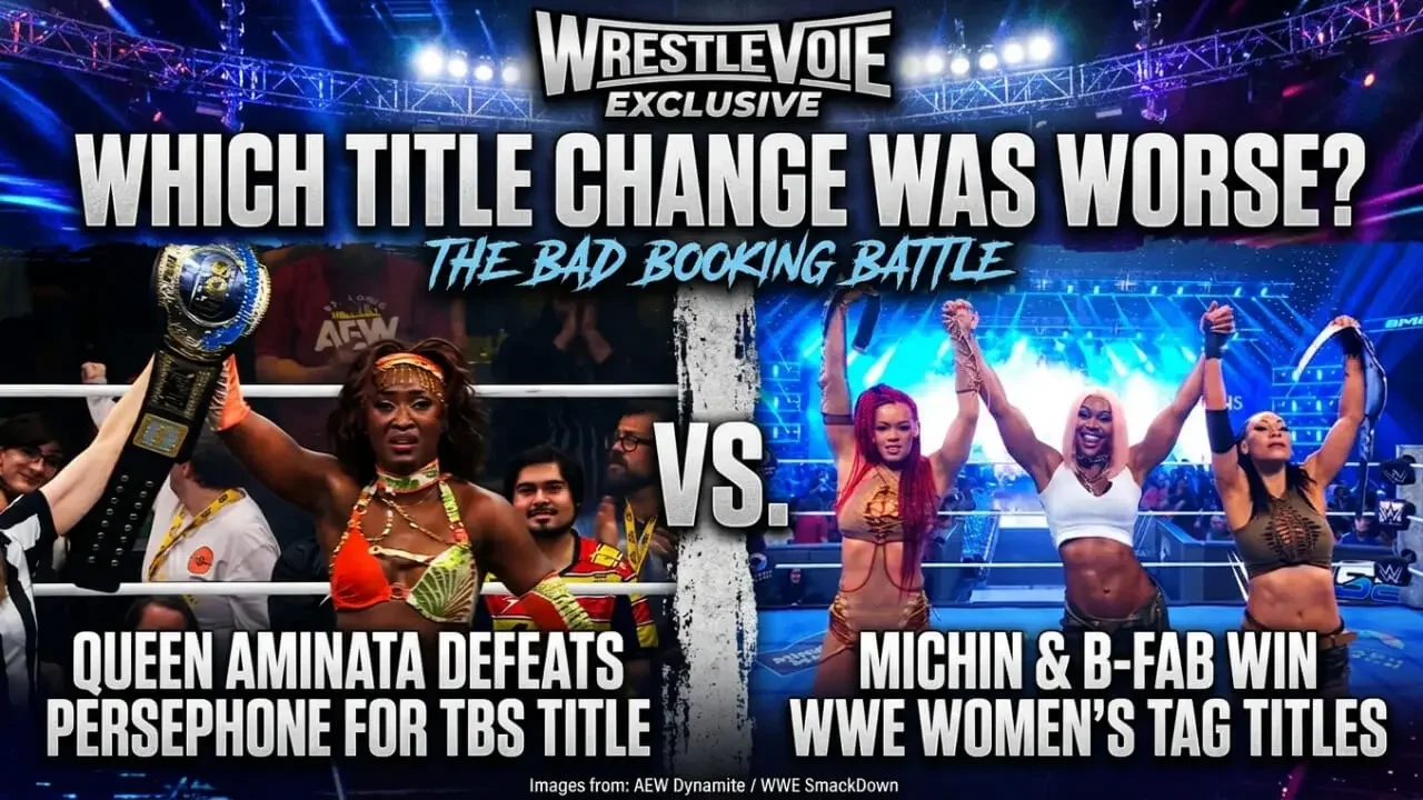 Split graphic comparing Queen Aminata’s AEW TBS Title win on the left and Michin and B-Fab’s WWE Women's Tag Team Title win on the right, featuring the text "Which Title Change Was Worse?" and "WrestleVoice Exclusive."
