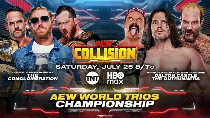 An official promotional graphic for an AEW Collision match featuring The Conglomeration (Kyle O'Reilly, Orange Cassidy, and Roderick Strong) on the left against Dalton Castle & The Outrunners (Truth Magnum and Turbo Floyd) on the right.
