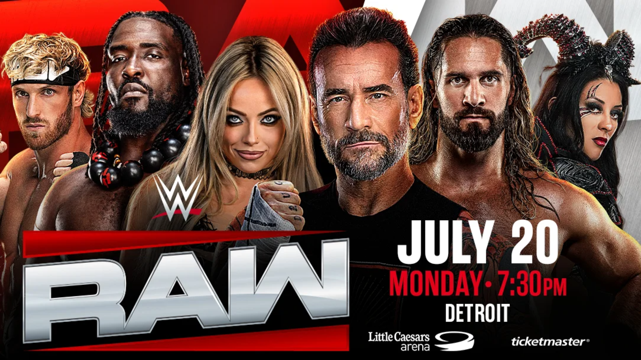Promotional graphic for WWE Monday Night Raw at Little Caesars Arena in Detroit on Monday, July 20, 2026.