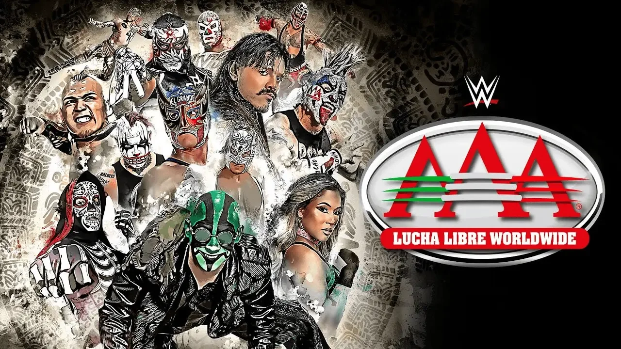 Lucha Libre AAA Worldwide promotional graphic featuring a montage of wrestlers on the left and the AAA logo on the right