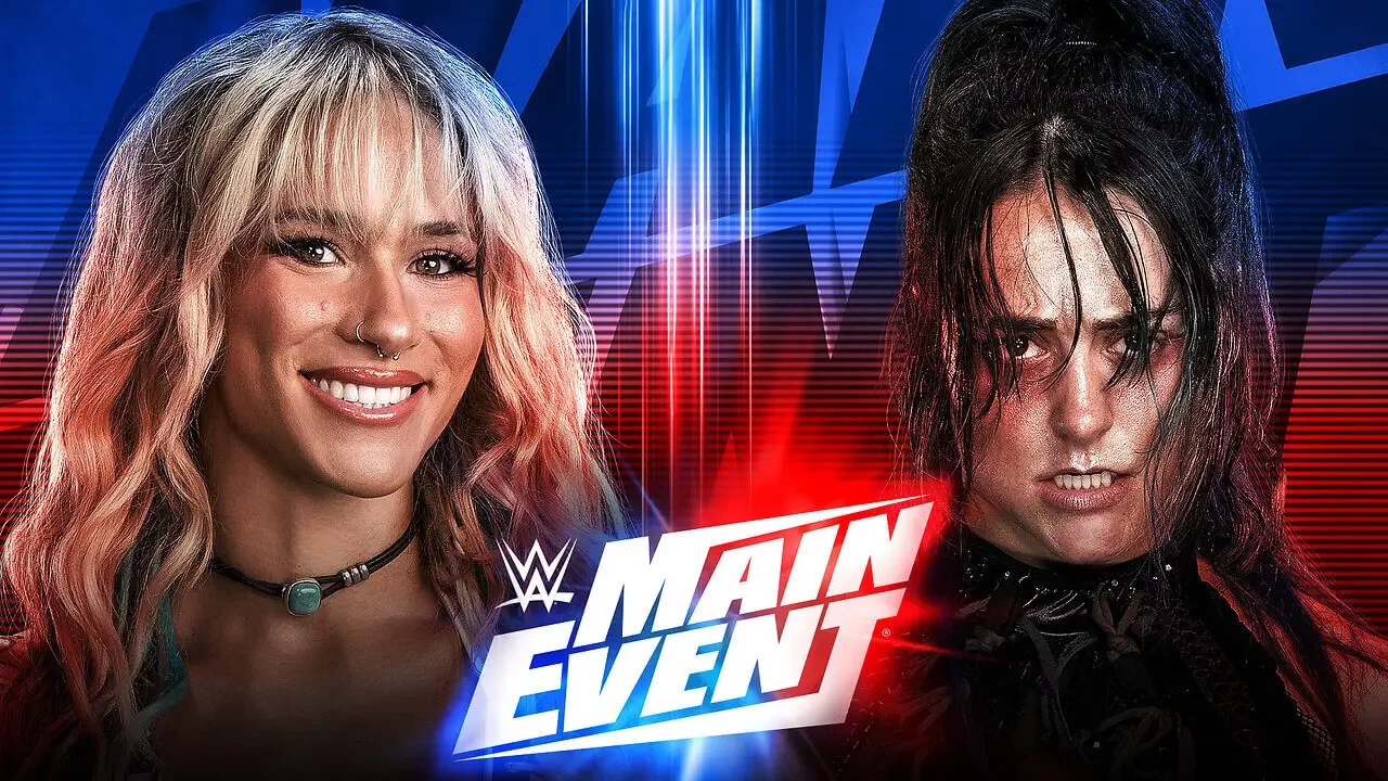 Promotional graphic for WWE Main Event featuring Sol Ruca smiling on the left and Lyra Valkyria looking intensely at the camera on the right, separated by the WWE Main Event logo against a blue and red background.
