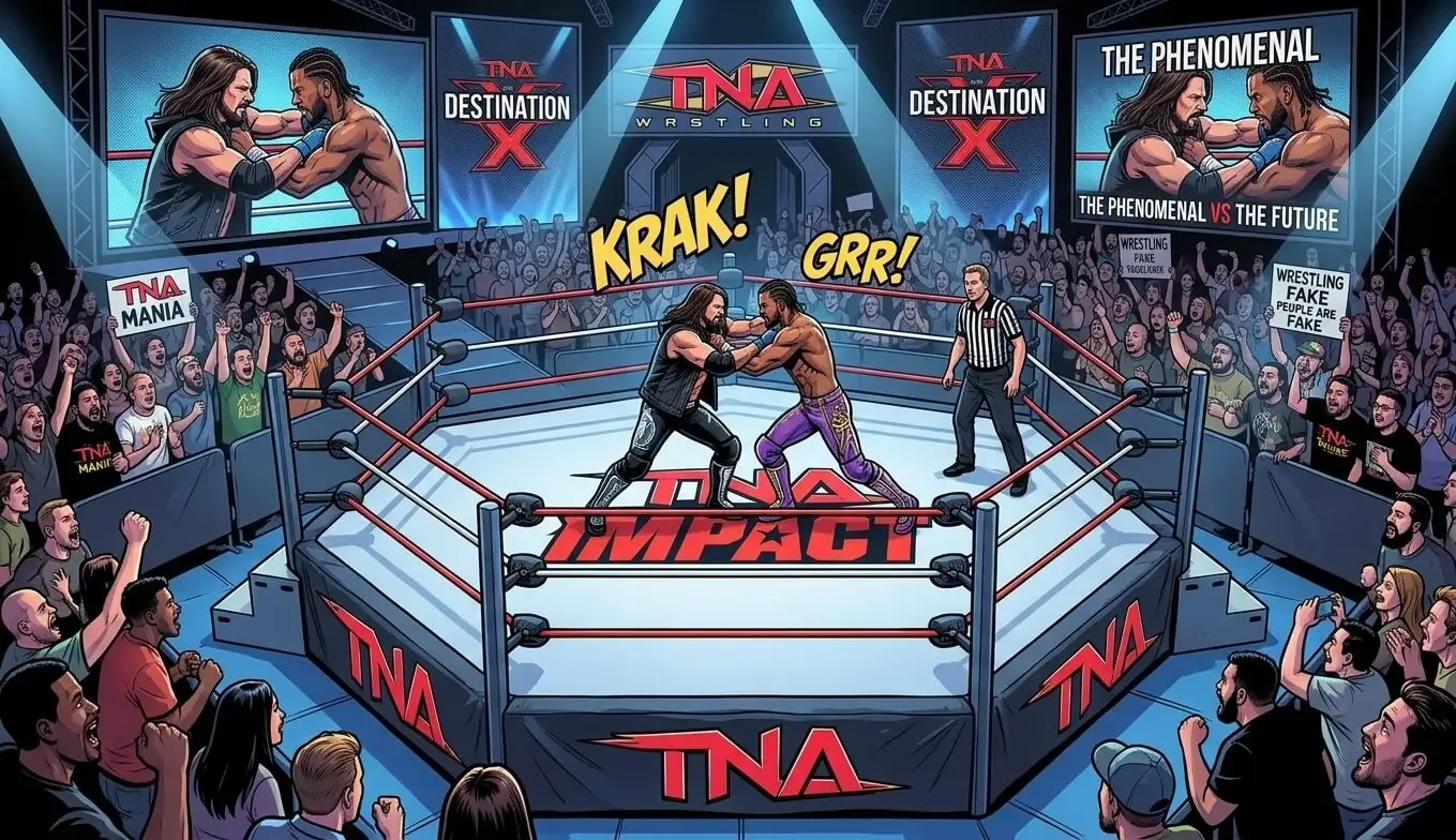 Comic book illustration of AJ Styles and TNA World Champion Leon Slater locking up inside a classic TNA six-sided wrestling ring in front of a packed arena crowd.