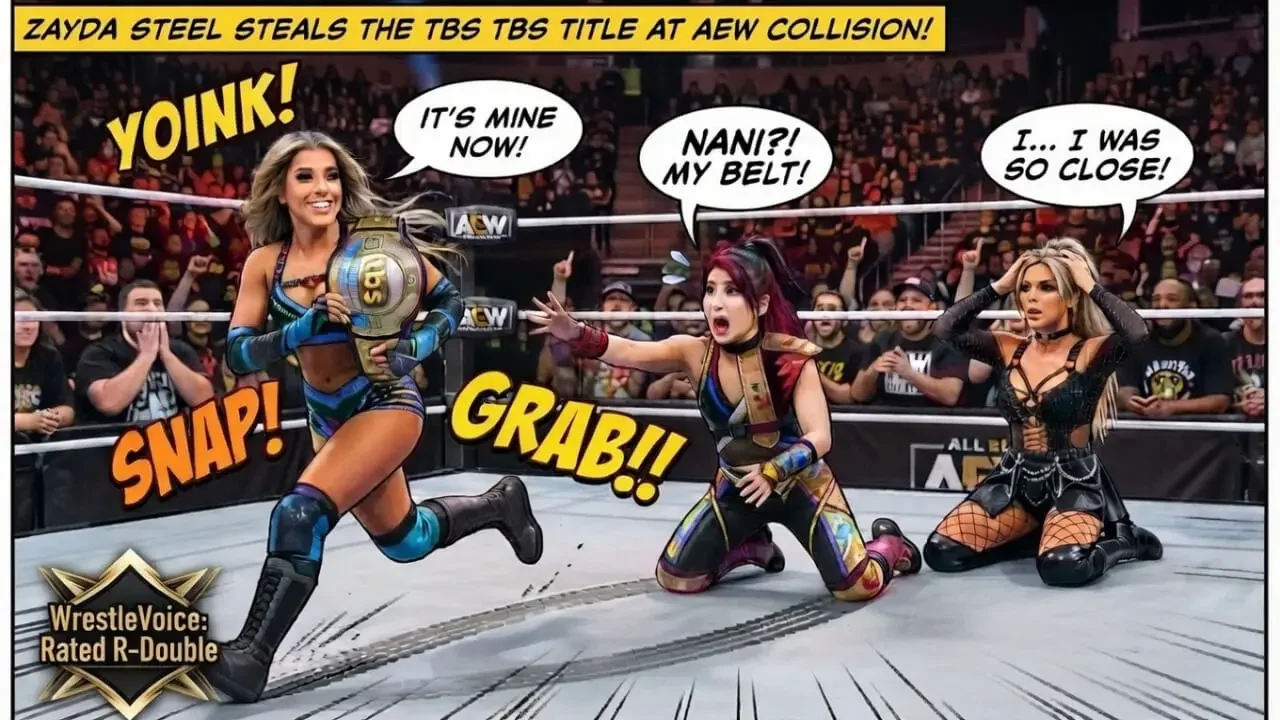 A comic-style graphic showing wrestler Zayda Steel running away with the TBS Championship belt while Hikaru Shida and Harley Cameron react in shock on their knees in the wrestling ring