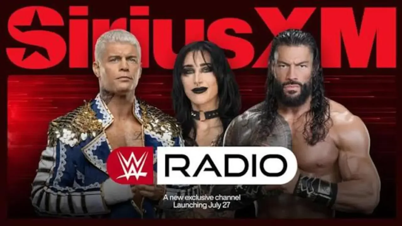 Promotional graphic for the new SiriusXM WWE Radio channel launching July 27, featuring Cody Rhodes, Rhea Ripley, and Roman Reigns.