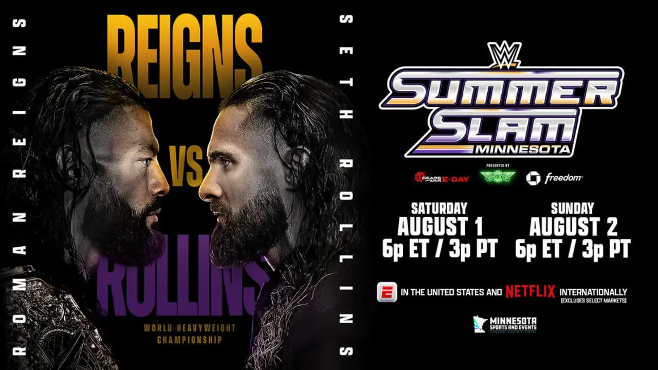 WWE SummerSlam promotional match graphic for the World Heavyweight Championship featuring Roman Reigns and Seth Rollins facing off in profile, alongside event details for August 1st and 2nd in Minnesota.