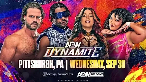 AEW Dynamite promotional graphic for the September 30 show in Pittsburgh, PA, featuring wrestlers Hangman Adam Page, Swerve Strickland, Mercedes Moné, and Thunder Rosa.