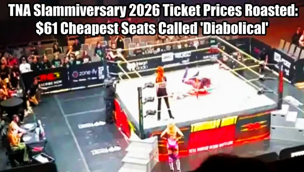 Sparse TNA crowd at Slammiversary 2026 with ticket price criticism overlay"