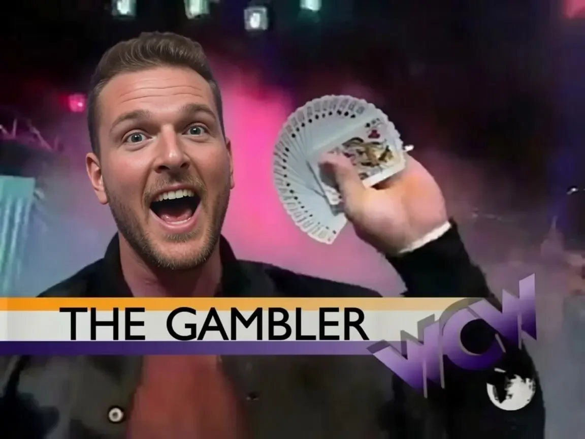 Photomontage featuring sports personality Pat McAfee holding a fanned-out deck of playing cards with a 1990s WCW graphic banner at the bottom reading "THE GAMBLER."