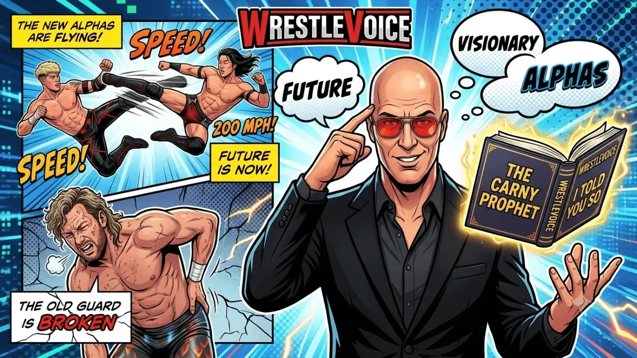 The main focus is the smug, bald, suited Don Callis figure from 01j579hcgvrj03nb0hkc.webp, centered, tapping his temple
