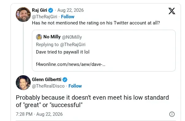X (Twitter) thread featuring Raj Giri discussing ratings, a reply from No Milly mentioning a paywall, and Glenn Gilbertti (Disco Inferno) chiming in on standards.