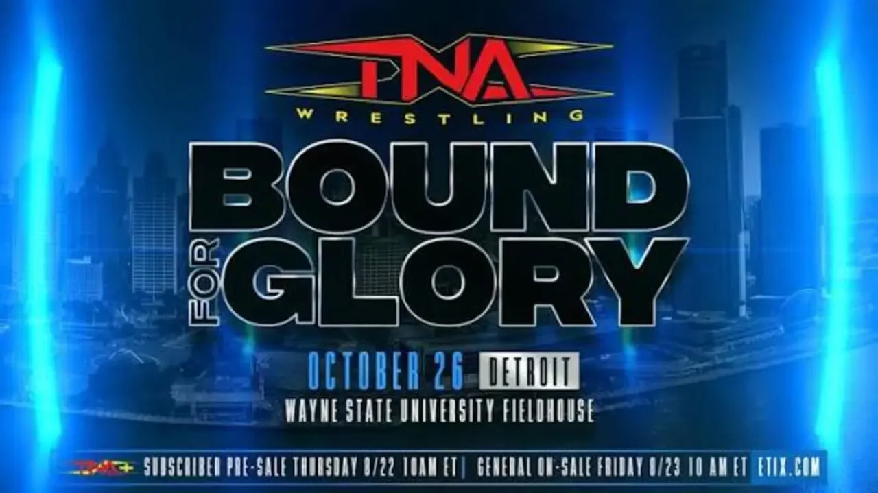 The official TNA Wrestling "Bound For Glory" pay-per-view graphic featuring bold silver 3D lettering against a dark blue city skyline background.