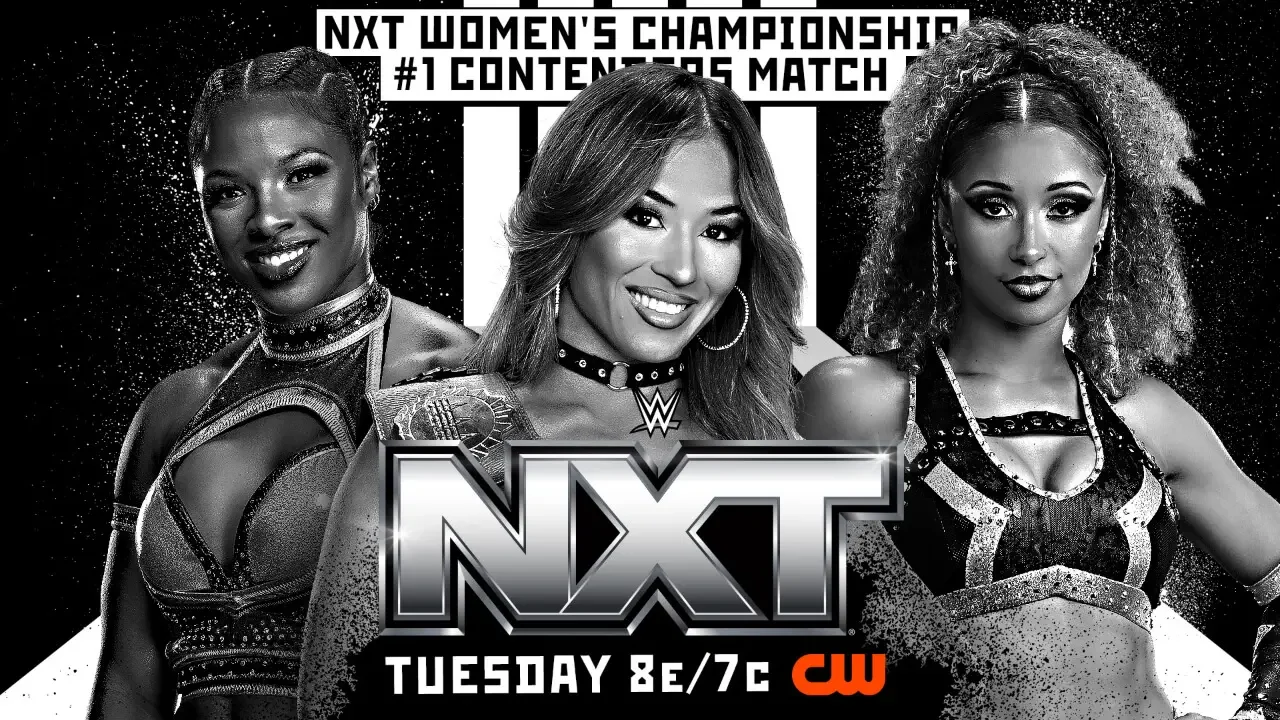 Promotional graphic for a WWE NXT Women’s Championship #1 Contender triple threat match featuring Lola Vice, Kelani Jordan, and Kali Armstrong.