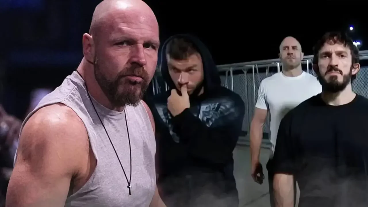 Jon Moxley leading the Death Riders stable in AEW, featuring members Wheeler Yuta, Claudio Castagnoli, and PAC.