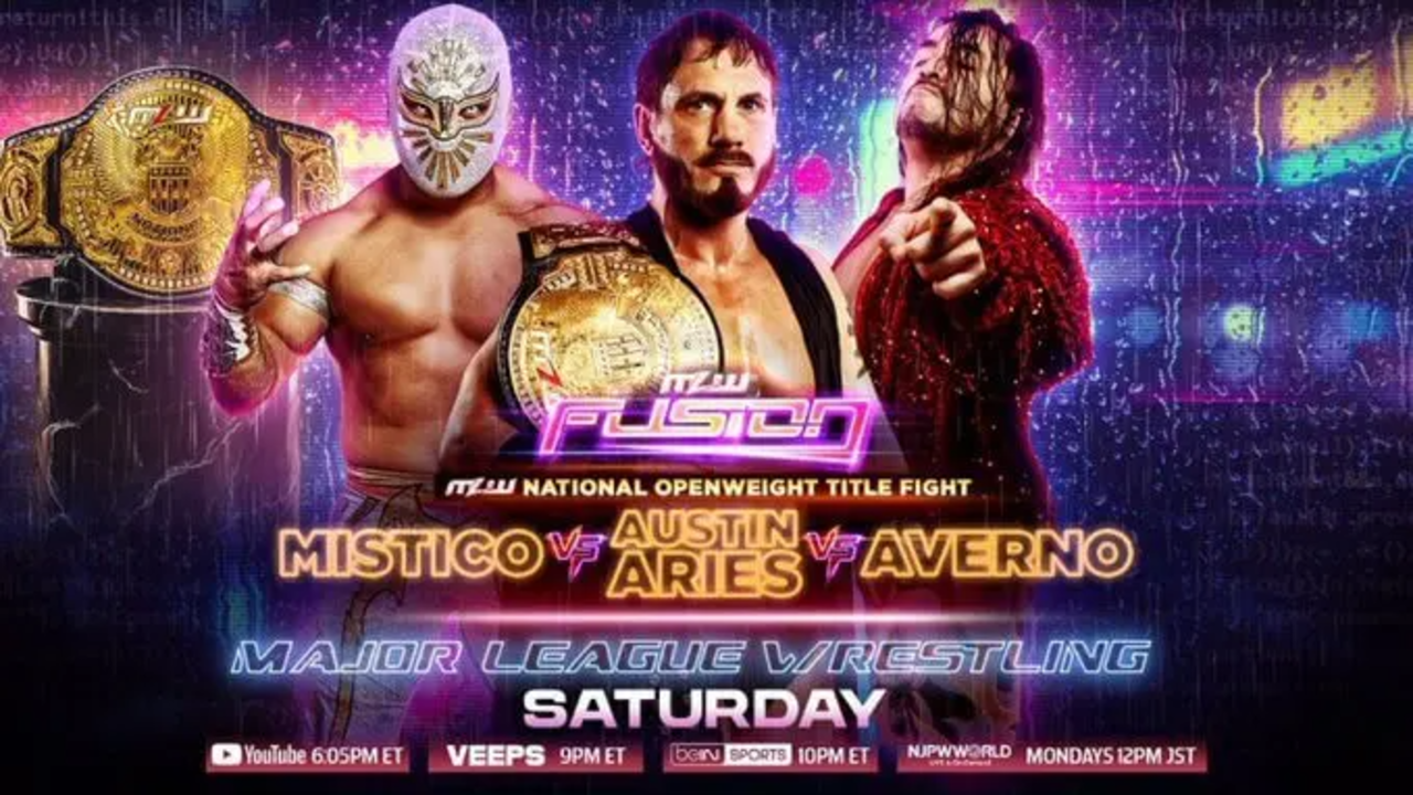 Promotional poster for MLW Fusion featuring a three-way match for the National Openweight Championship between Místico, Austin Aries, and Averno.